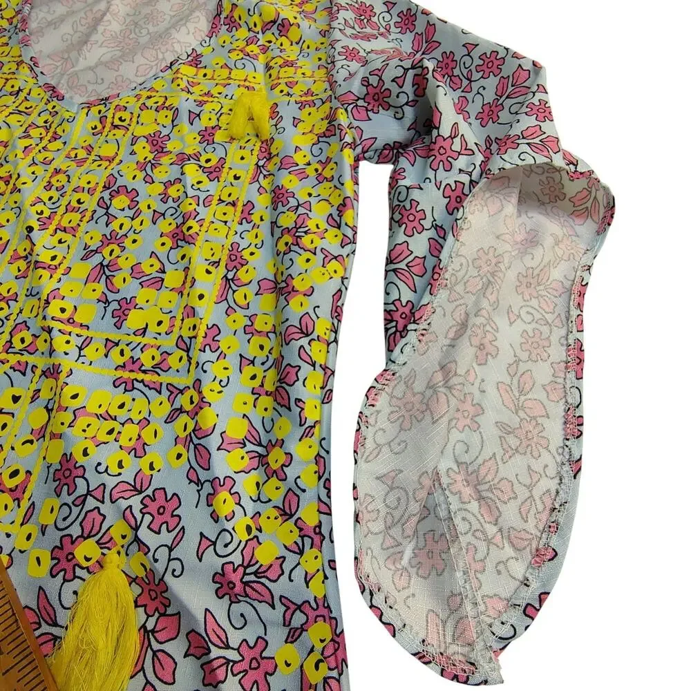Mislook Tunic Boho Vibrant Eclectri Floral Tassels Fringe Pink Coastal Fairy Cow - Picture 7 of 11